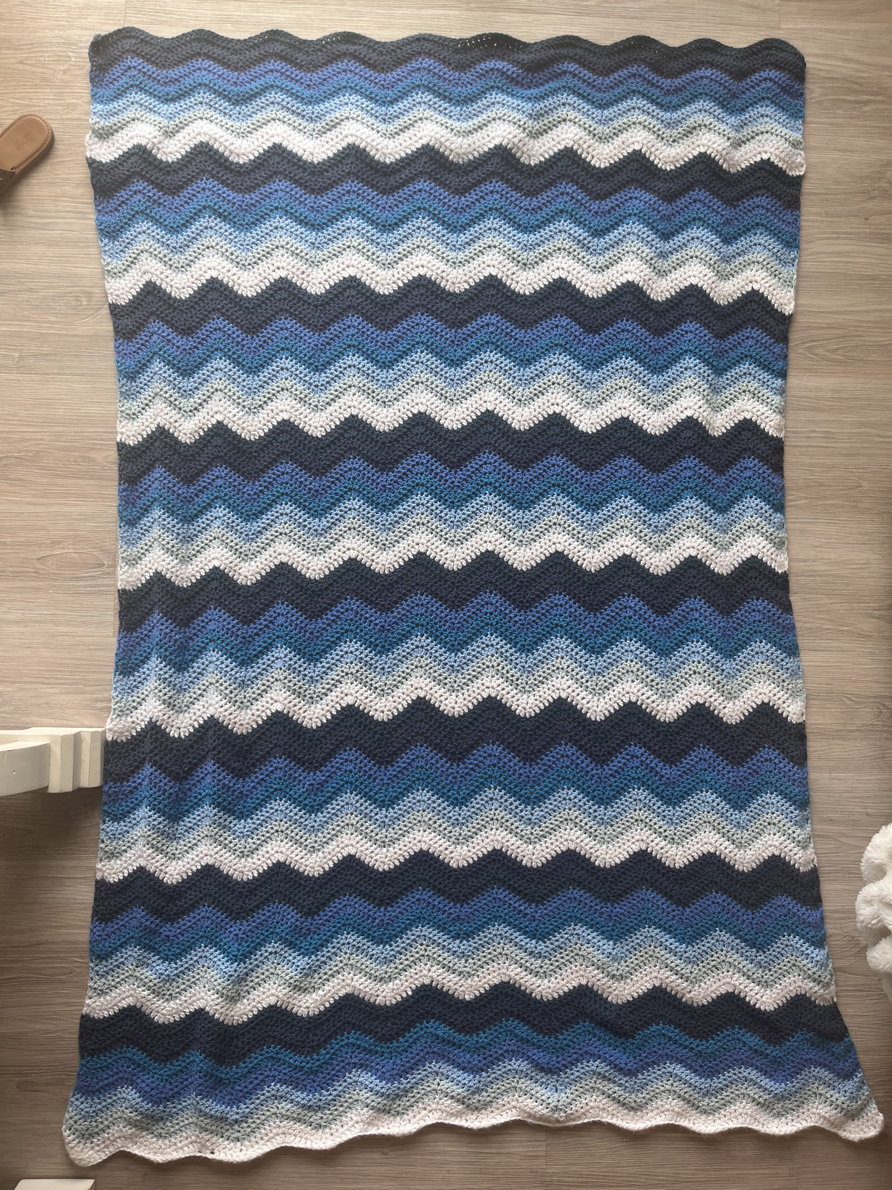 Photo of a crocheted blanket with a blue wave pattern.
